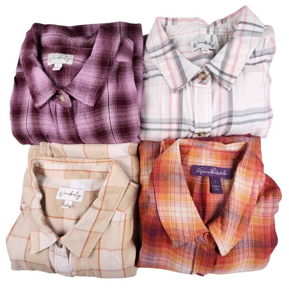 Plaid Flannel‎ Shirt Bundle Womens Large 4 pc. Cabincore Classic Cottage Rustic